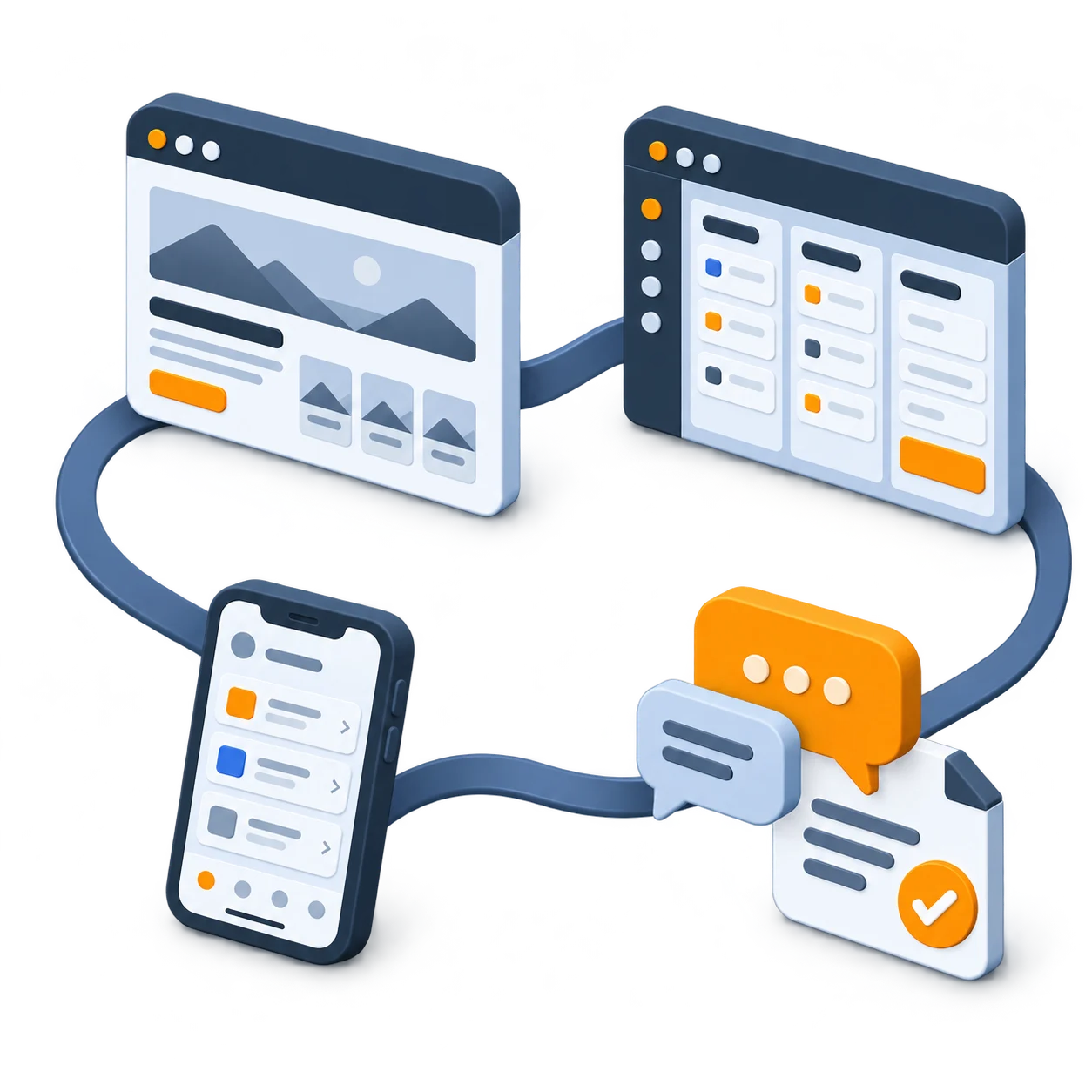 Um site, um sistema web, um aplicativo mobile e uma conversa com IA unidos por um caminho contínuo, representando os serviços integrados da SofaCoding.
