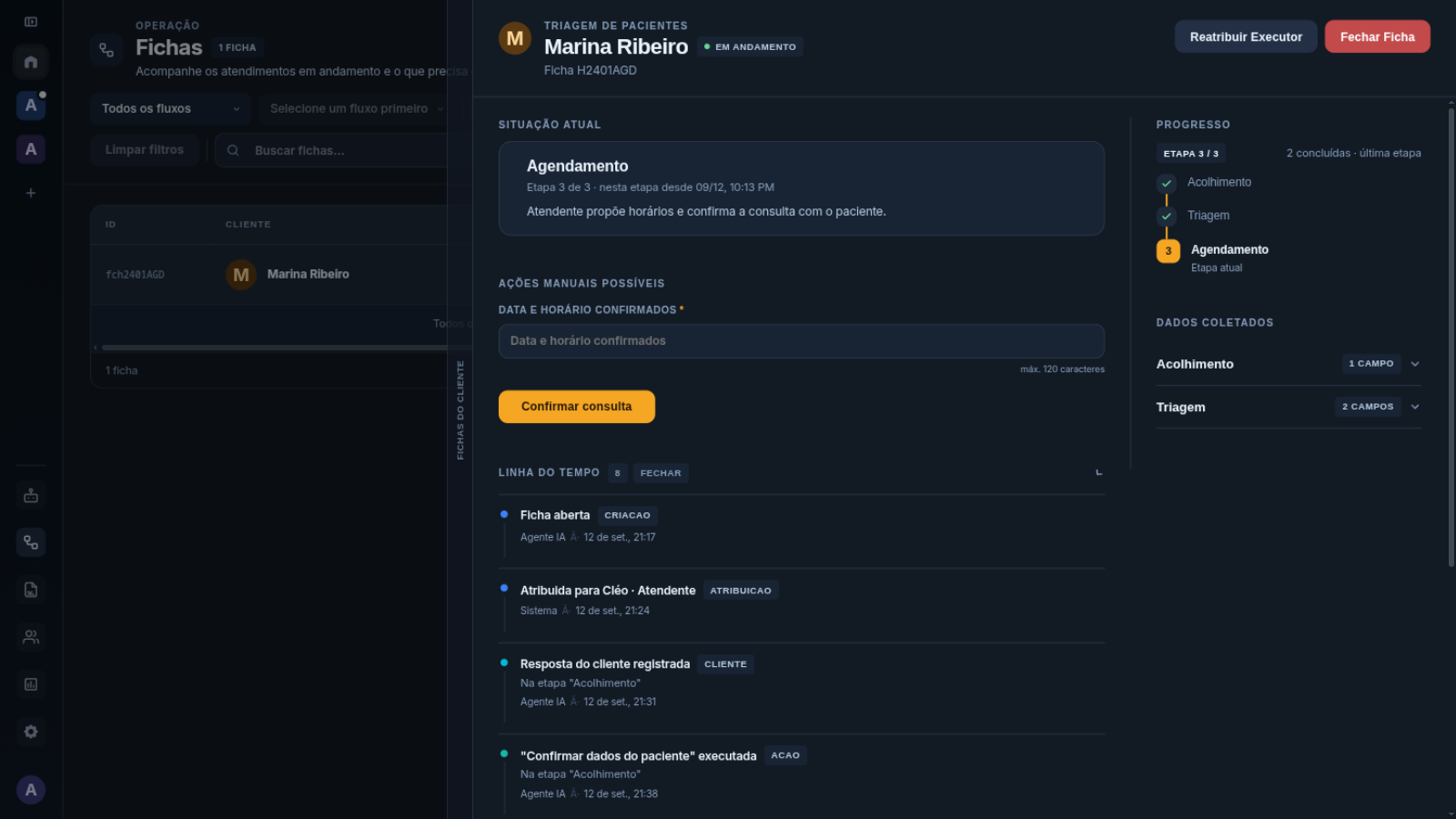 Tela de Fichas do POP Atende com etapas de atendimento e painel de detalhes.